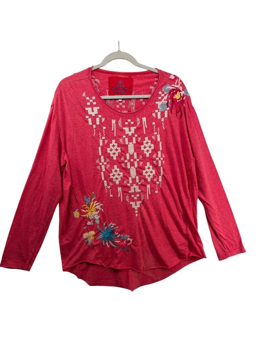 Johnny Was Womens Top Sz M Coral Embroidered Stretch Knit Long-Slv Tunic Boho